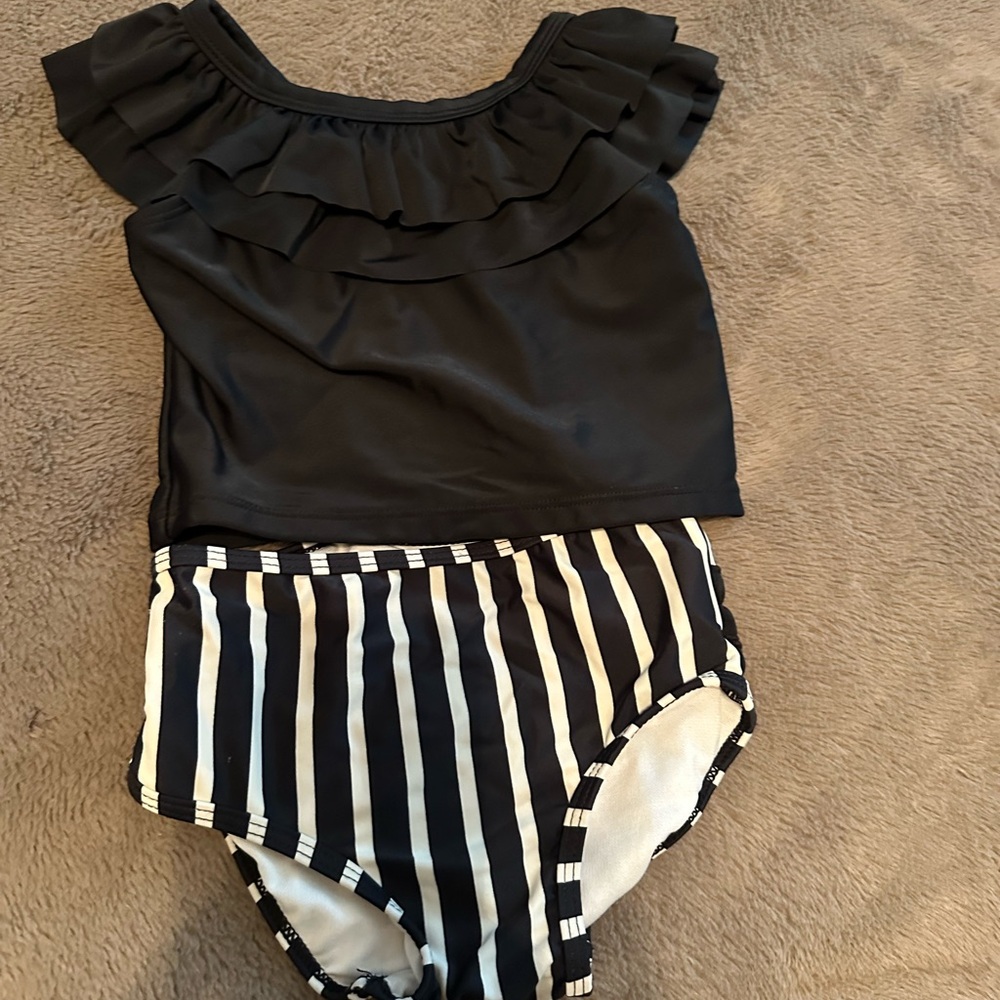 Ruffle Butts Black and White Striped Kids Bikini